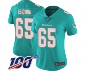 Women's Miami Dolphins #65 Danny Isidora Aqua Green Team Color Vapor Untouchable Limited Player 100th Season Football Jersey