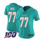 Women's Miami Dolphins #77 Jesse Davis Aqua Green Team Color Vapor Untouchable Limited Player 100th Season Football Jersey