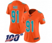 Women's Miami Dolphins #91 Cameron Wake Limited Orange Inverted Legend 100th Season Football Jersey