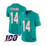 Youth Miami Dolphins #14 Ryan Fitzpatrick Aqua Green Team Color Vapor Untouchable Limited Player 100th Season Football Jersey