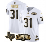 Men Houston Texans #31 Dameon Pierce White Golden 2023 F U S E With AFC South Champions Patch And Team Logo Patch Limited Stitched Football Jersey