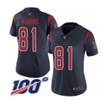 Women's Houston Texans #81 Kahale Warring Limited Navy Blue Rush Vapor Untouchable 100th Season Football Jersey