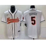 Men's Cincinnati Bengals #5 Tee Higgins White With Patch Cool Base Stitched Baseball Jersey