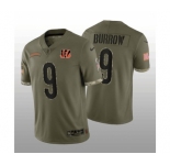 Men's Cincinnati Bengals #9 Joe Burrow 2022 Olive Salute To Service Limited Stitched Jersey