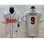 Men's Cincinnati Bengals #9 Joe Burrow White With Patch Cool Base Stitched Baseball Jersey