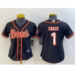 Women's Cincinnati Bengals #1 JaMarr Chase Black With Patch Cool Base Stitched Baseball Jersey