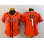 Women's Cincinnati Bengals #1 JaMarr Chase Orange With Patch Cool Base Stitched Baseball Jersey