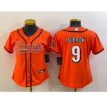 Women's Cincinnati Bengals #9 Joe Burrow Orange With Patch Cool Base Stitched Baseball Jersey