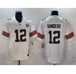 Men's Cleveland Browns #12 Shedeur Sanders White 2025 Draft F.U.S.E. With Jim Brown Memorial & Home Patch Vapor Limited Football Stitched Jersey