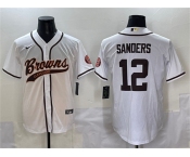 Men's Cleveland Browns #12 Shedeur Sanders White With Patch Cool Base Stitched Baseball Jersey