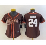 Women's Cleveland Browns #24 Nick Chubb Brown With Patch Cool Base Stitched Baseball Jersey