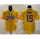 Men's Minnesota Vikings #15 Josh Dobbs Yellow With Patch Cool Base Stitched Baseball Jersey