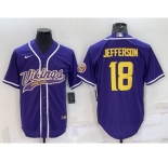 Men's Minnesota Vikings #18 Justin Jefferson Purple Yellow With Patch Cool Base Stitched Baseball Jersey