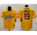Men's Minnesota Vikings #19 Adam Thielen Yellow With Patch Cool Base Stitched Baseball Jersey