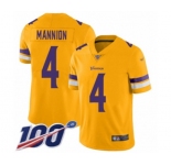 Men's Minnesota Vikings #4 Sean Mannion Limited Gold Inverted Legend 100th Season Football Jersey