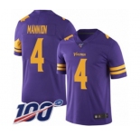 Men's Minnesota Vikings #4 Sean Mannion Limited Purple Rush Vapor Untouchable 100th Season Football Jersey