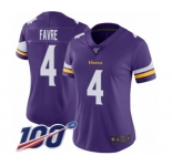 Women's Minnesota Vikings #4 Brett Favre Purple Team Color Vapor Untouchable Limited Player 100th Season Football Jersey