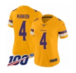 Women's Minnesota Vikings #4 Sean Mannion Limited Gold Inverted Legend 100th Season Football Jersey