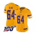 Women's Minnesota Vikings #64 Josh Kline Limited Gold Inverted Legend 100th Season Football Jersey
