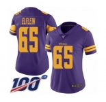 Women's Minnesota Vikings #65 Pat Elflein Limited Purple Rush Vapor Untouchable 100th Season Football Jersey