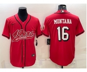 Men's San Francisco 49ers #16 Joe Montana Red Color Rush With Patch Cool Base Stitched Baseball Jersey