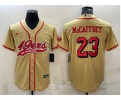 Men's San Francisco 49ers #23 Christian McCaffrey Gold Color Rush With Patch Cool Base Stitched Baseball Jersey