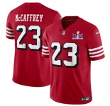 Men's San Francisco 49ers #23 Christian McCaffrey New Red 2024 F.U.S.E. Super Bowl LVIII Patch Vapor Untouchable Limited Football Stitched Jersey
