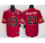 Men's San Francisco 49ers #23 Christian McCaffrey Red 75th Patch Golden Edition Stitched Nike Limited Jersey