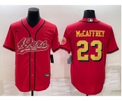 Men's San Francisco 49ers #23 Christian McCaffrey Red Gold With Patch Cool Base Stitched Baseball Jersey