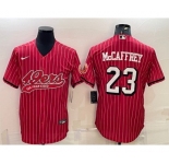 Men's San Francisco 49ers #23 Christian McCaffrey Red Pinstripe Color Rush With Patch Cool Base Stitched Baseball Jersey