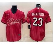 Men's San Francisco 49ers #23 Christian McCaffrey Red Pinstripe Color Rush With Patch Cool Base Stitched Baseball Jersey