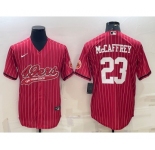 Men's San Francisco 49ers #23 Christian McCaffrey Red Pinstripe With Patch Cool Base Stitched Baseball Jersey