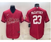 Men's San Francisco 49ers #23 Christian McCaffrey Red Pinstripe With Patch Cool Base Stitched Baseball Jersey