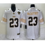 Men's San Francisco 49ers #23 Christian McCaffrey White 75th Patch Golden Edition Stitched Nike Limited Jersey