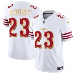 Men's San Francisco 49ers #23 Christian McCaffrey White Gold 2025 F.U.S.E. “Rivalries” Vapor Limited Football Stitched Jersey
