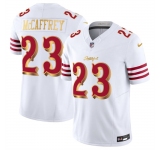 Men's San Francisco 49ers #23 Christian McCaffrey White Gold 2025 F.U.S.E. “Rivalries” Vapor Limited Football Stitched Jersey