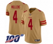 Men's San Francisco 49ers #4 Nick Mullens Limited Gold Inverted Legend 100th Season Football Jersey