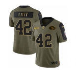 Men's San Francisco 49ers #42 Ronnie Lott 2021 Olive Camo Salute To Service Golden Limited Stitched Football Jersey