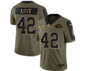 Men's San Francisco 49ers #42 Ronnie Lott 2021 Olive Camo Salute To Service Golden Limited Stitched Football Jersey