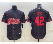 Men's San Francisco 49ers #42 Ronnie Lott Black Pinstripe With Patch Cool Base Stitched Baseball Jersey