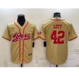 Men's San Francisco 49ers #42 Ronnie Lott Gold With Patch Cool Base Stitched Baseball Jersey