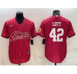 Men's San Francisco 49ers #42 Ronnie Lott Red Pinstripe With Patch Cool Base Stitched Baseball Jersey