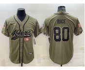 Men's San Francisco 49ers #80 Jerry Rice 2022 Olive Salute to Service Cool Base Stitched Baseball Jersey