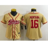 Women's San Francisco 49ers #16 Joe Montana Gold With Patch Cool Base Stitched Baseball Jersey