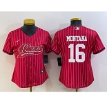 Women's San Francisco 49ers #16 Joe Montana Red Pinstripe With Patch Cool Base Stitched Baseball Jersey