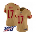 Women's San Francisco 49ers #17 Jalen Hurd Limited Gold Inverted Legend 100th Season Football Jersey