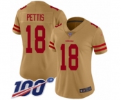 Women's San Francisco 49ers #18 Dante Pettis Limited Gold Inverted Legend 100th Season Football Jersey