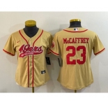 Women's San Francisco 49ers #23 Christian McCaffrey Gold With Patch Cool Base Stitched Baseball Jersey