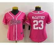 Women's San Francisco 49ers #23 Christian McCaffrey Pink With Patch Cool Base Stitched Baseball Jersey