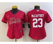 Women's San Francisco 49ers #23 Christian McCaffrey Red Pinstripe With Patch Cool Base Stitched Baseball Jersey